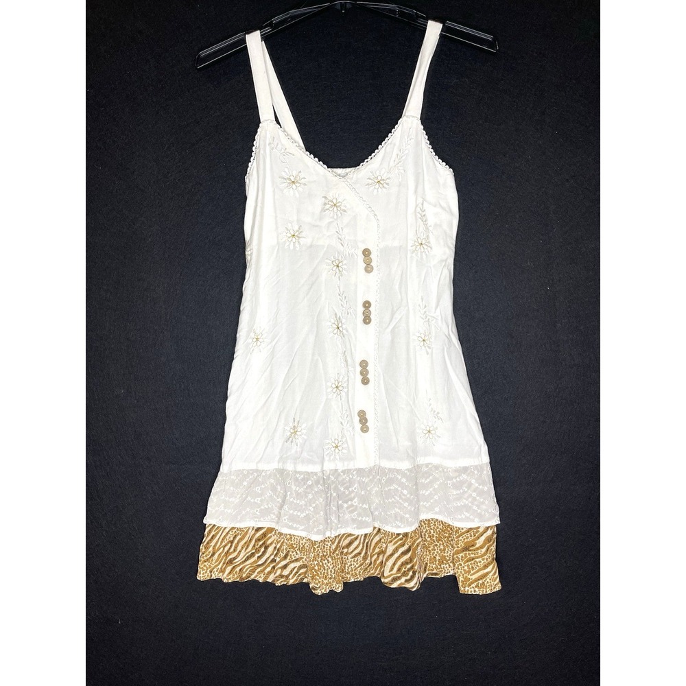 raya‎ sun dress small daisy embroidered wooden buttons boho leopard